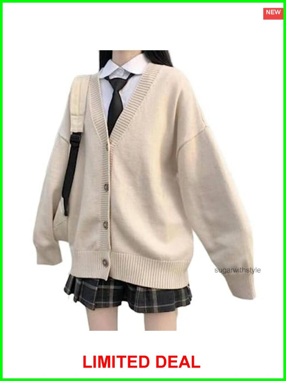Women's Loose V-Neck Knit Cardigan JK School Uniform Style Button